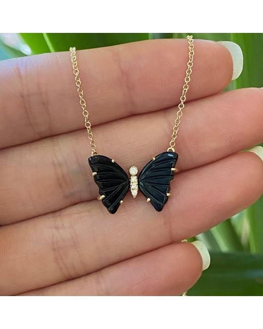 KAMARIA Black 14k Onyx Butterfly Necklace With Diamonds & Prongs