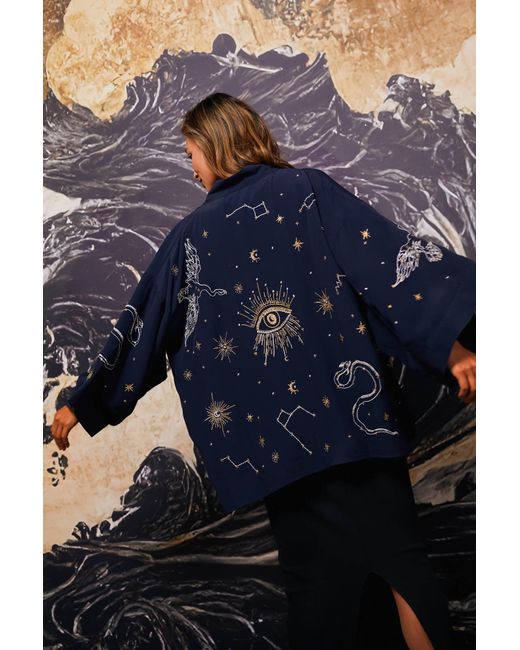 Artemis Muse Blue Cosmos Embroidered, Ivory & Fully Lined Short Kimono