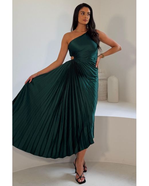 Girl In Mind Green Aoife One Shoulder Pleated Midi Dress Emerald