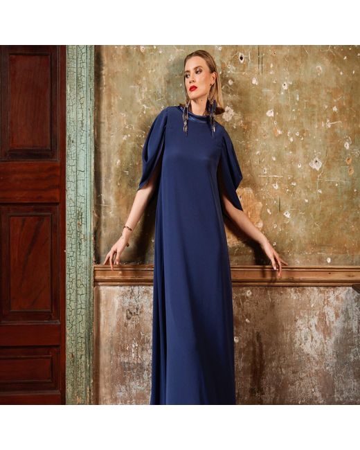 Monessa Joan Blue Full Length Trapeze Dress With Detachable Sleeves