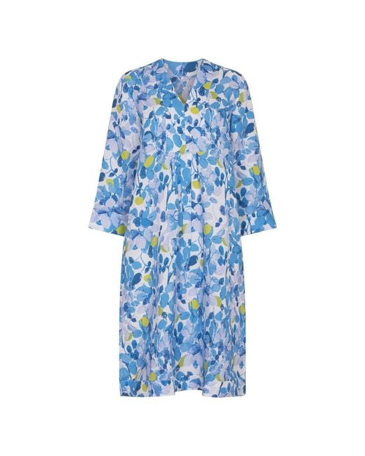 NoLoGo-chic Blue Plum Print Picot Midi Dress Linen Multi