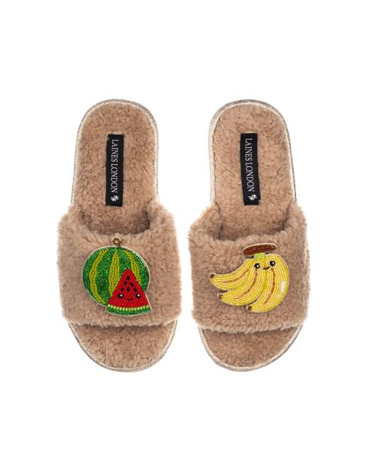 Laines London Green Teddy Slider Slippers With Laines Lovables Watermelon & Banana Brooches