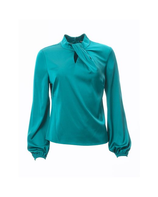 Carloslines Blue Draped Mock Neck Long Sleeve Shirt