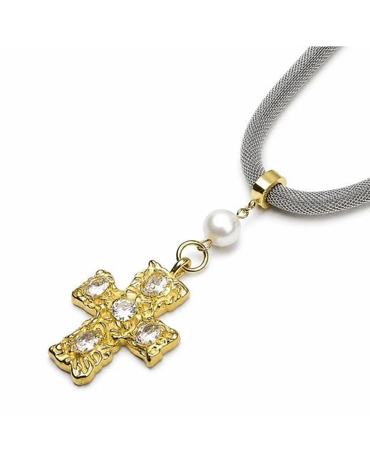 Kirei Metallic Cipher – Stainless Steel Mesh Necklace With Cross, Shell Pearl & Cubic Zirconia