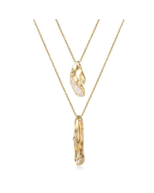 Rare Matters Jewelry Metallic Organic Double Drop Necklace Clear Quartz