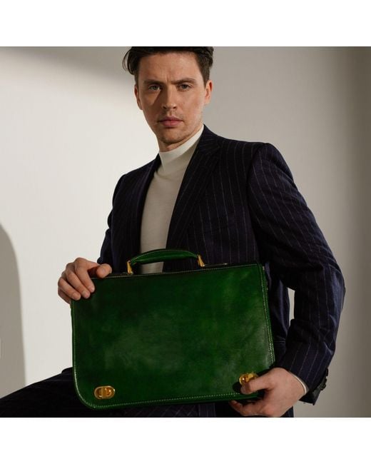 Time Resistance Green Leather Briefcase Laptop Bag for men