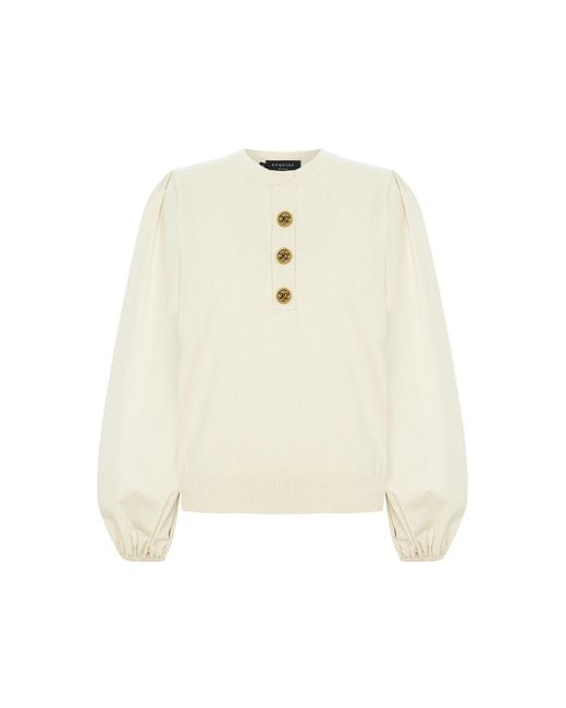 Exquise White Neutrals Regular Elastic Cuffs Crew Neck Cotton Knit Amity Blouse
