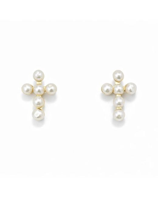 Pearl Code Metallic Cross Pearl Stud Earrings