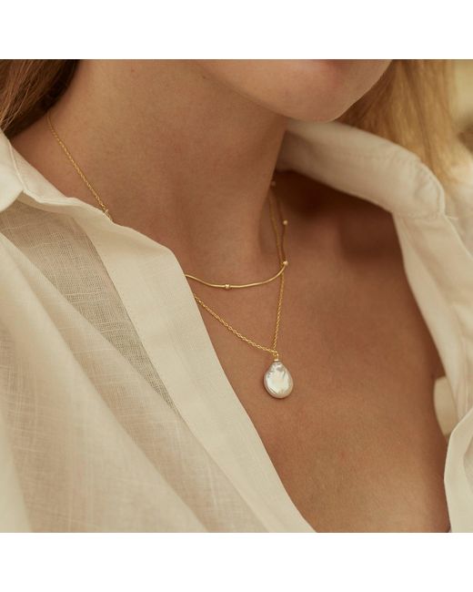 Spero London Metallic Baroque Flat Pearl Pendant & Italian Beaded Sterling Stacking Necklace Set