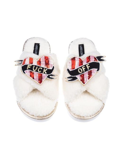 Laines London White Neutrals Neutral Boucle Slippers With & Fuck Off Heart Brooches