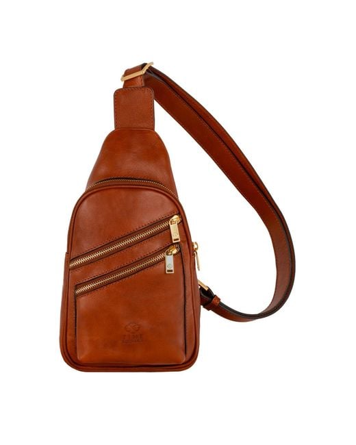 Time Resistance Brown Cognac Leather Sling Bag for men