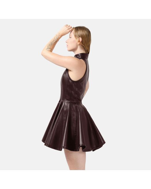 Kargede Brown Pleated Chocolate Leather Mini Dress – Evening Zip Up With High Neck & Designer Faux