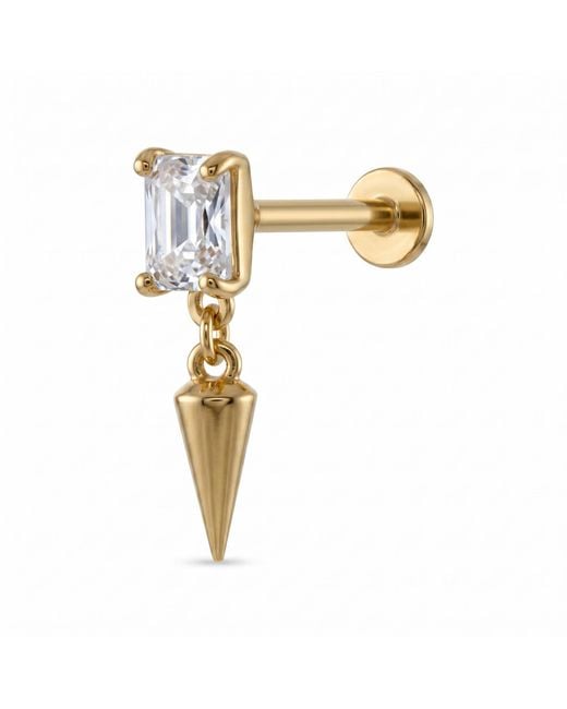 Zahav Jewelry Metallic 14K Solid 18G 8Mm Emerald Cut Cz Internally Threaded Flat Back Stud With Spike Drop