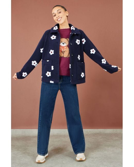 Yumi' Blue Embroidered Daisy Fleece Jacket