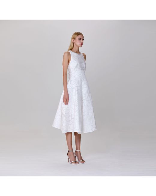 Smart and Joy White Fit-And-Flare Collar Trim Textured Jacquard Dress
