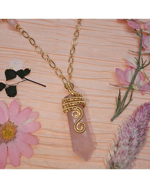 Farra Metallic Wire-Wrapped Rose Quartz Pendant With Watermelon Flower Long Necklace