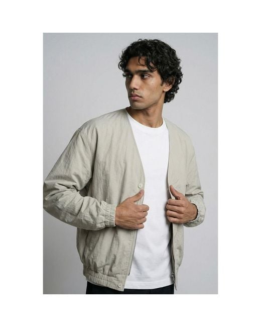 Modenaire Gray Neutrals Collarless Bomber Jacket Relaxed Fit Soft Structure for men