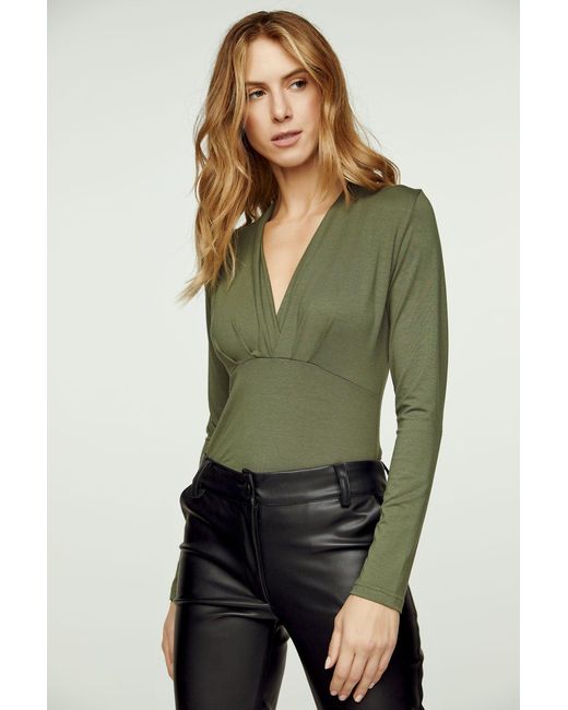 Conquista Green Neutrals Khaki Long Sleeve Faux Wrap Top