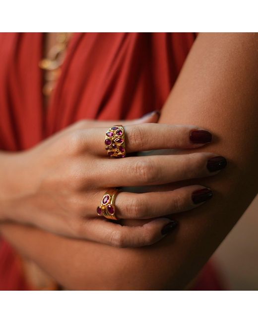 Ebru Jewelry Metallic Teardrop Ruby Stone & Adjustable Statement Ring