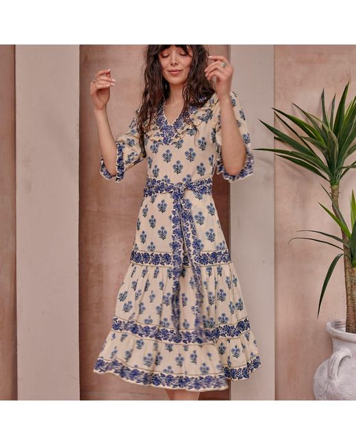 LAtelier London White Floral Block Print Cotton Midi Dress