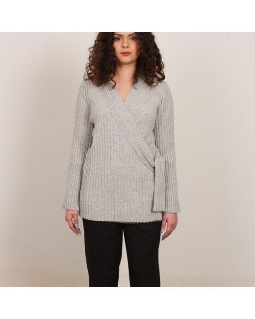 Nuvv Collection Gray Side-Tie Wool Knit Sweater V Neck Italian Yarn