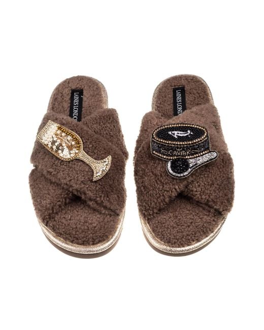 Laines London Brown Neutrals Laines Neutral Boucle Slippers With Caviar & Glass Of Champers Brooches