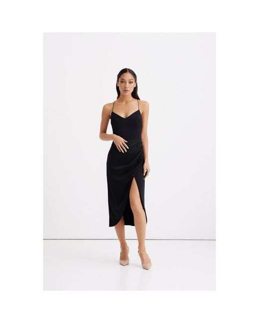 Nomi Fame Black Selena Satin Midi Dress With Straps And Draped Skirt