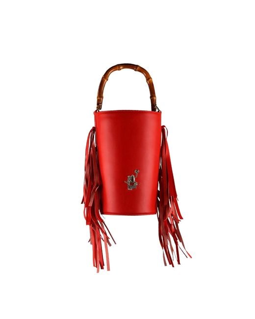 F3Rog by Rana Red Fringe Crossbody Bucket Bag