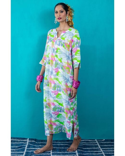 NoLoGo-chic Green Fern Leaf Maxi Dress Linen Multi