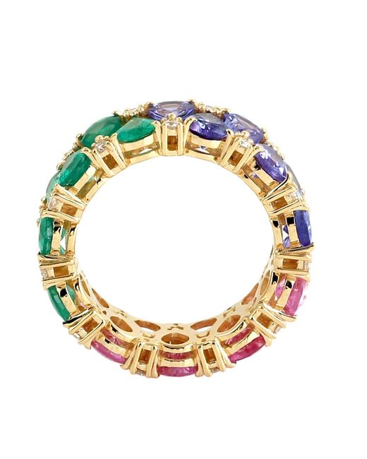 Artisan Multicolor Emerald And Sapphire Tanzanite Pear Eternity Ring With Diamond