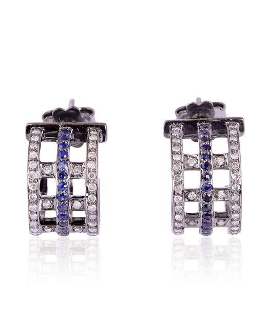 Artisan Blue Sapphire Pave Diamond 925 Sterling Silver Half Hoop Earrings Jewelry