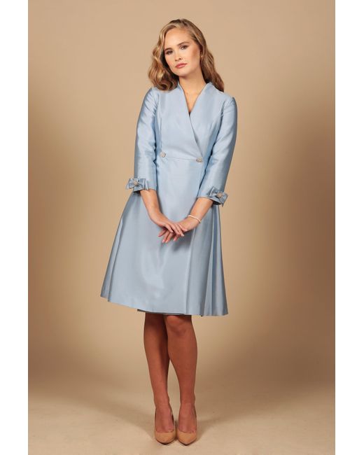 Santinni Blue Astor Silk Taffeta Dress Coat