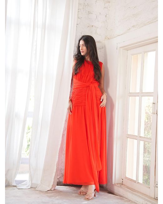 Rose & Nancy Red Amy Drape Tie Waist Maxi Dress