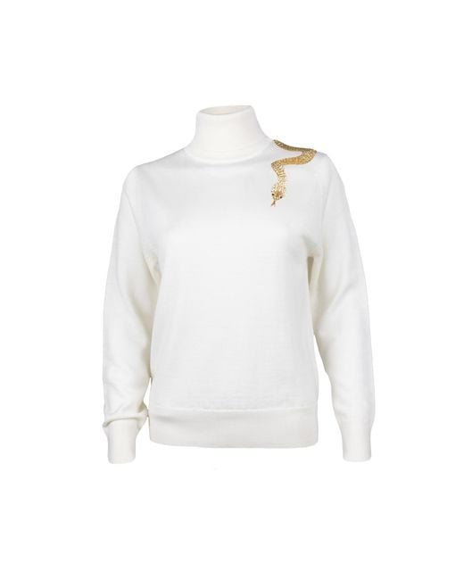 House of Laines London White Neutrals Laines Couture Embellished Shoulder Snake Knitted Roll Neck Jumper