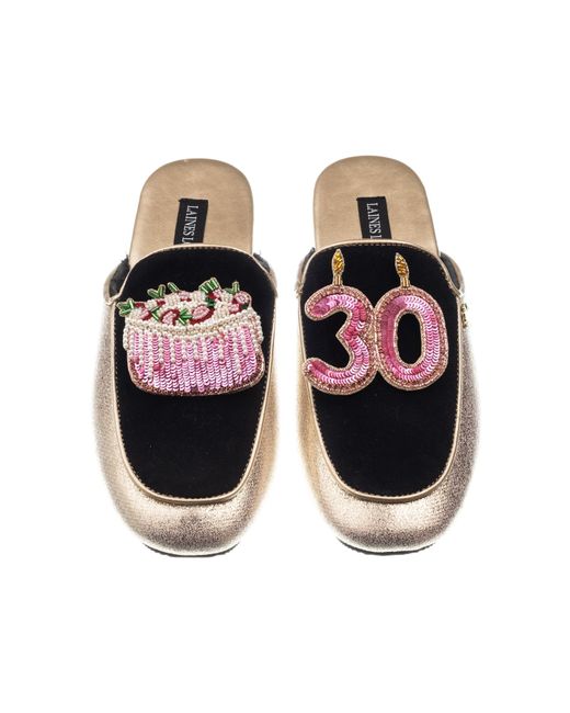 Laines London Black Classic Mules With 30th Birthday & Cake Brooches
