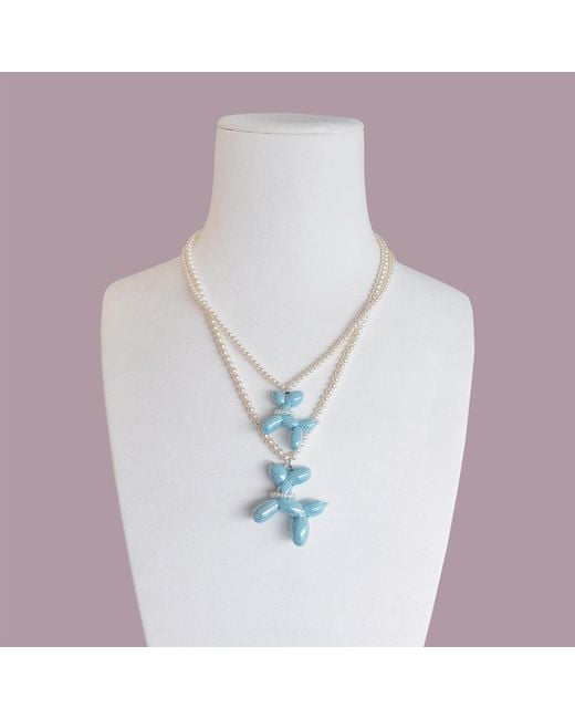 POPORCELAIN Blue Baby Porcelain Balloon Doggie Pearl Necklace