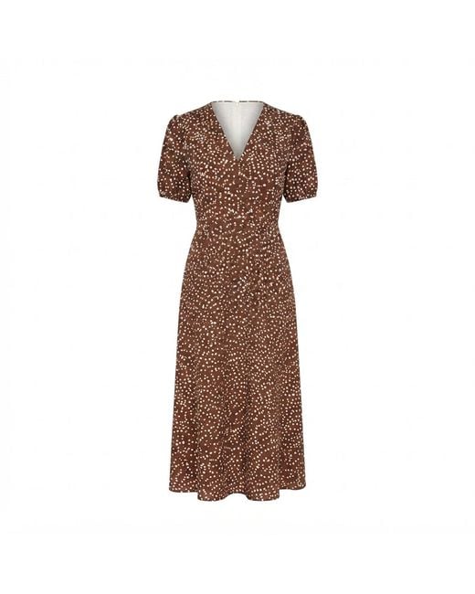 Yumi' Brown Spot Midi Dress With Split Hemline