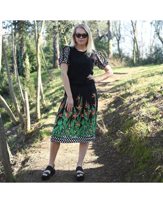 Lalipop Design Black Palm Tree Print Pleated Midi Skirt