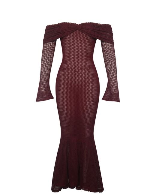 Miss Circle New York Purple Kaedyn Burgundy Off Shoulder Long Sleeve Crochet Mermaid Maxi Dress