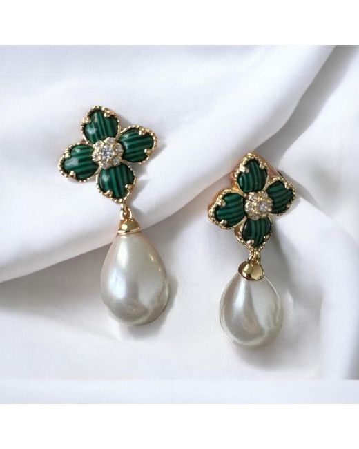 Latelita London Green Flower Clover Pearl Drop Earrings Malachite
