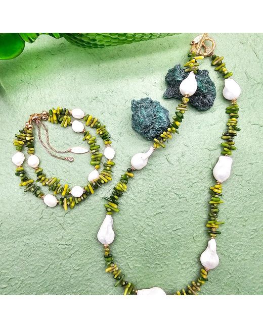 Farra Green Bamboo Coral With Freshwater Pearls Double Layers Bracelet