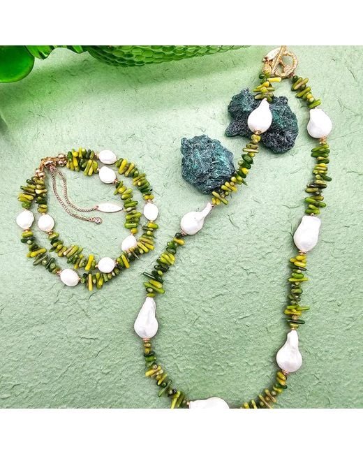Farra Green Bamboo Coral With Freshwater Pearls Double Layers Bracelet
