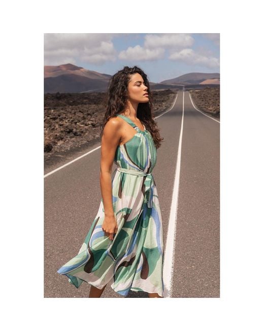 Paisie Green Retro Wave Halter Neck Midi Dress With Belt