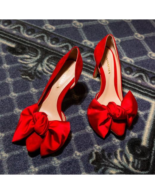 Ginissima Red Samantha Suede And Oversized Satin Bow Open Sided Stiletto