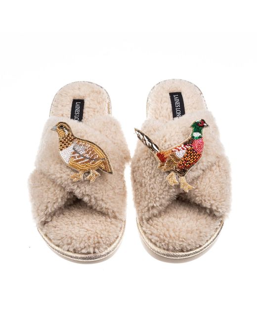 Laines London Natural Neutrals Laines Neutral Boucle Slippers With Pheasant & Hen Brooches