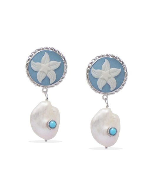 Vintouch Italy Blue Starfish Cameo Earrings With Baroque Pearls