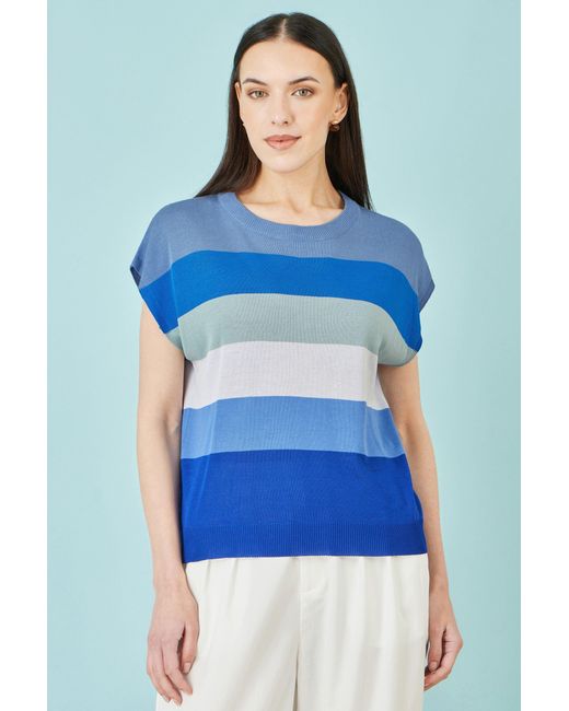 Yumi' Blue Block Stripe Relaxed Knitted Top