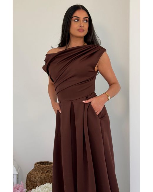 Girl In Mind Brown Betty Asymmetric Neckline Skater Midi