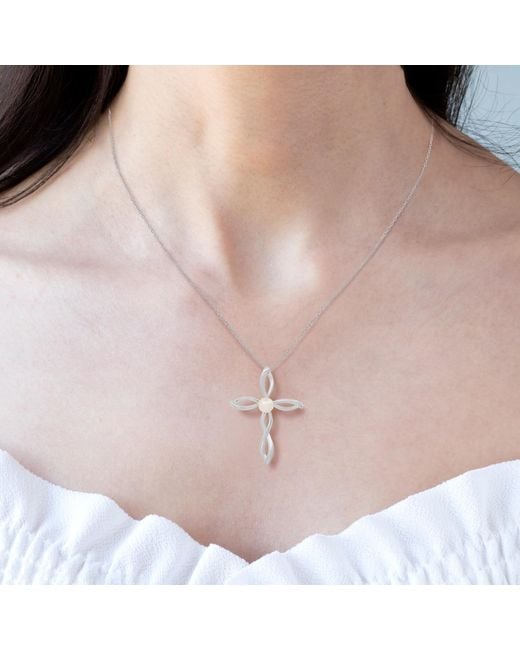 Kylie Harper Metallic Swirling Genuine Pearl Cross Pendant Necklace