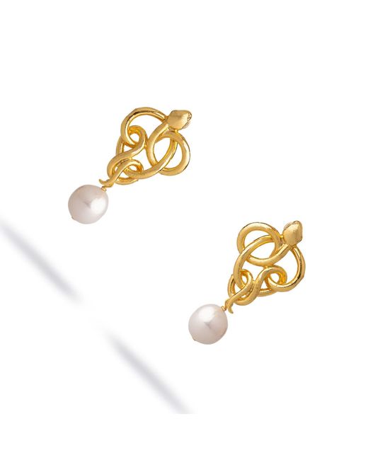 Ebru Jewelry Metallic Golden Medusa Pearl Statement Earrings